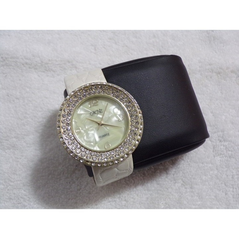 Cache Wrist Watch Women's Rhinestones White Croc Band Pearl Face 8" Adj Band